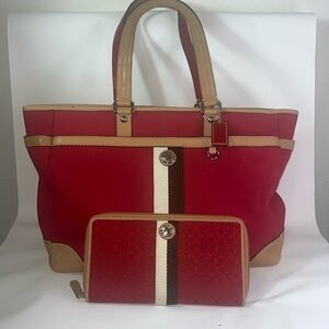 Coach large red canvas and leather trim tote with Wallet Set